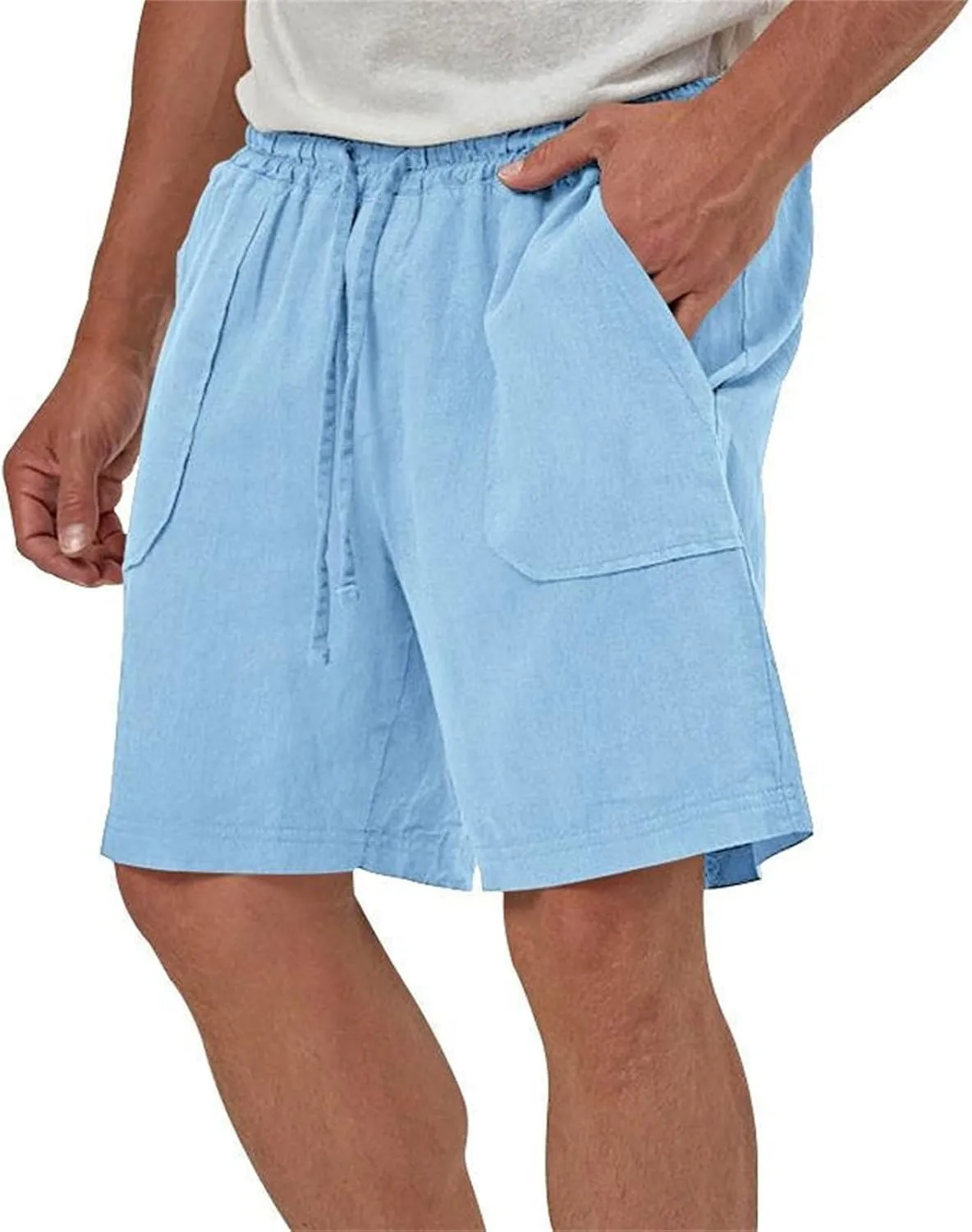 Cotton Linen Shorts for Men Elastic Waist Drawstring Summer Beach Shorts with Pockets Athletic Fit Lightweight Workout Shorts