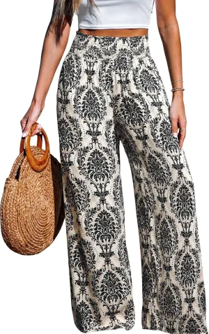 CUPSHE Womens Wide Leg Pants Elastic High Waisted Beach Trousers Cotton Linen Summer Palazzo