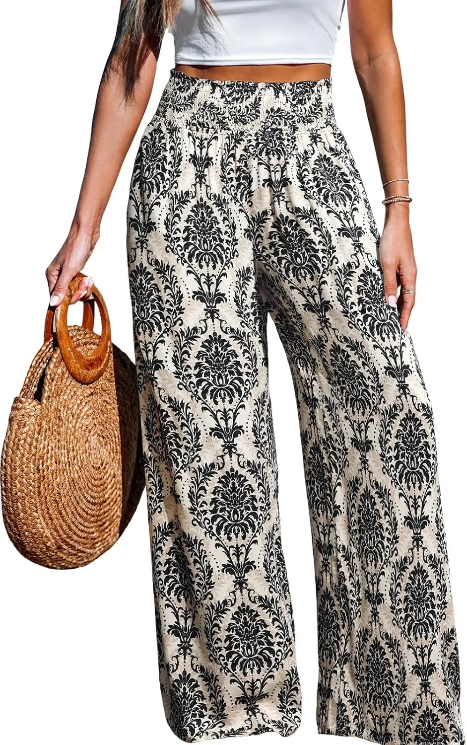CUPSHE Womens Wide Leg Pants Elastic High Waisted Beach Trousers Cotton Linen Summer Palazzo