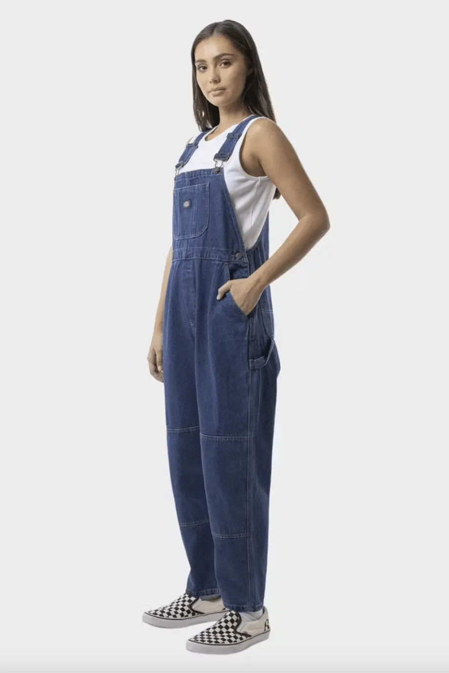 DICKIES WHITNEY DENIM CARPENTER DOUBLE KNEE OVERALLS - STONE WASH INDIGO