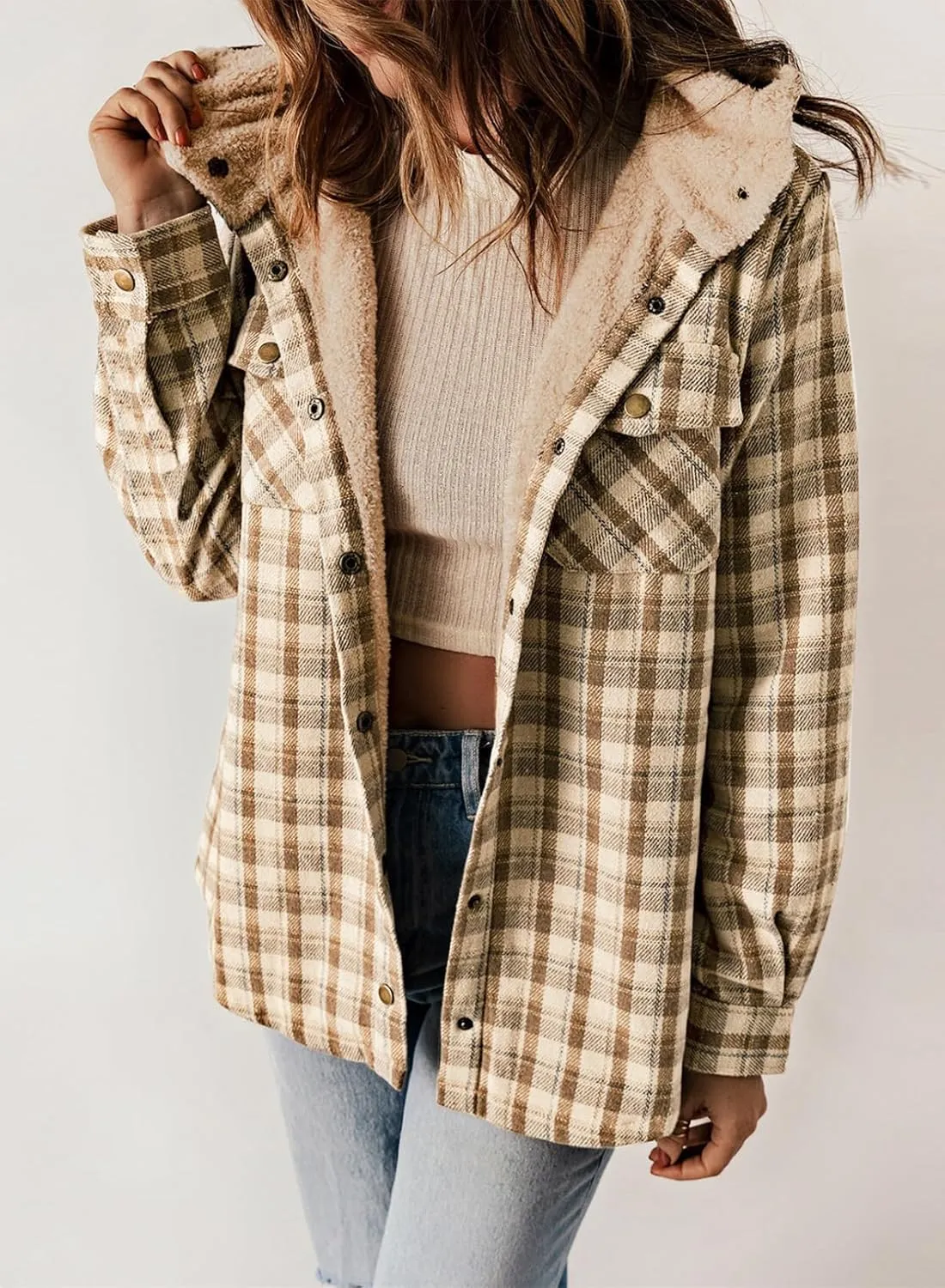 Dokotoo Womens Plaid Shacket Jacket Long Sleeve Button Down Fleece Hooded Jackets Warm Coat