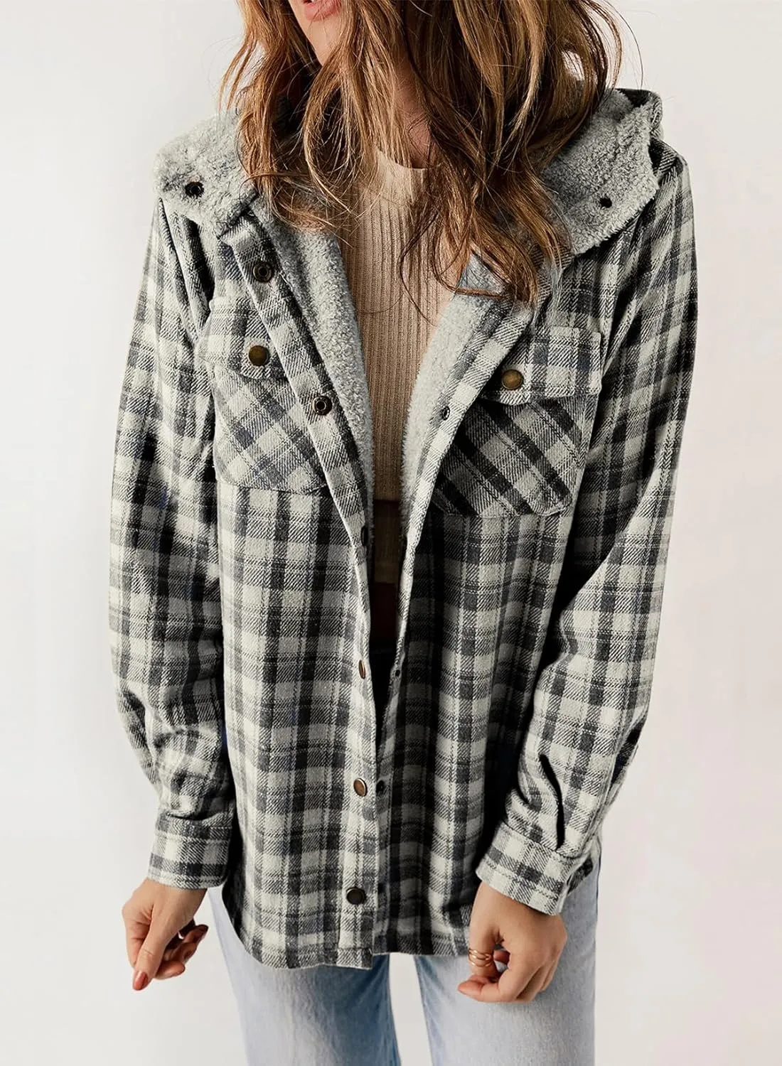 Dokotoo Womens Plaid Shacket Jacket Long Sleeve Button Down Fleece Hooded Jackets Warm Coat