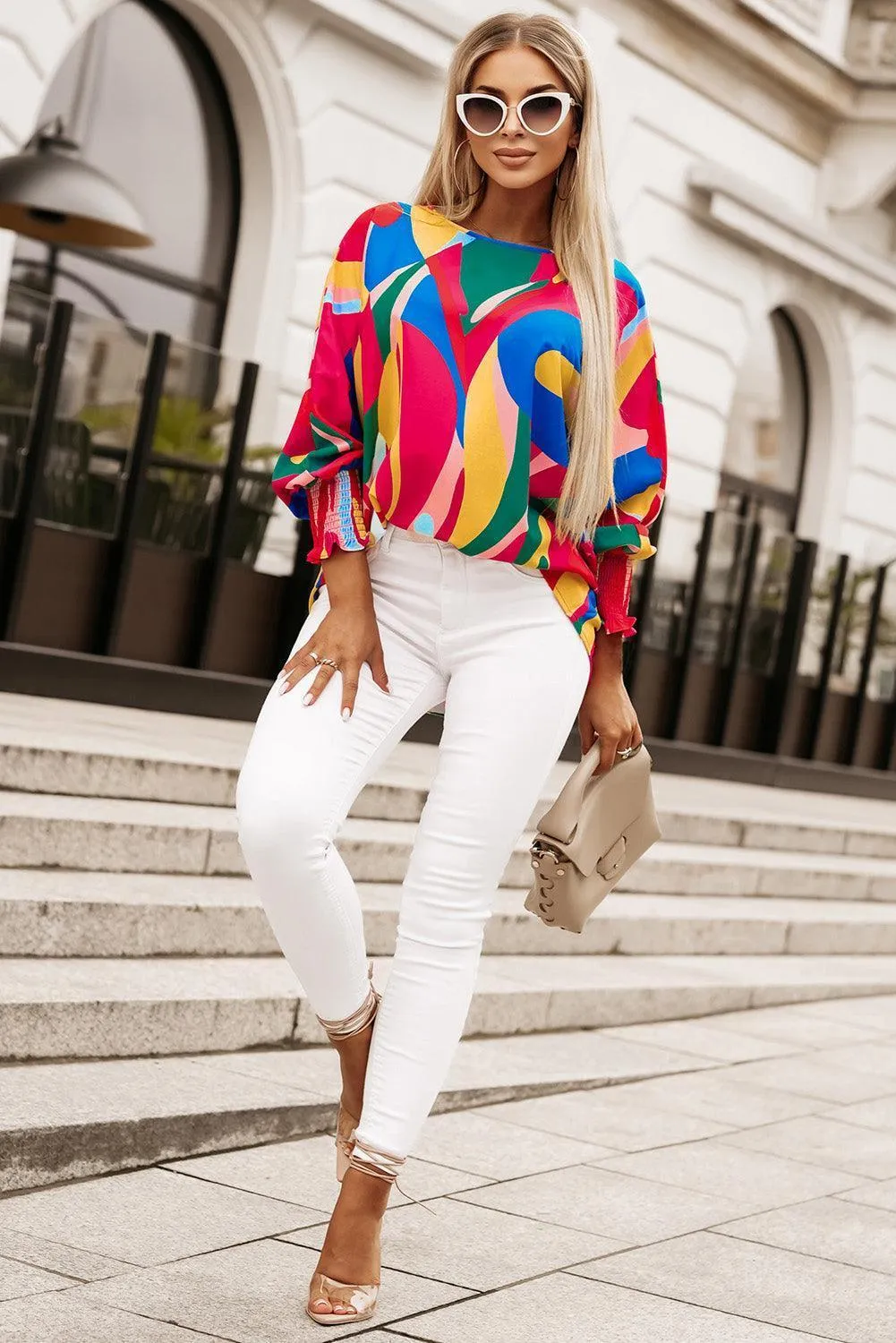 Festive Look Smocked Wrist Lantern Sleeve Blouse