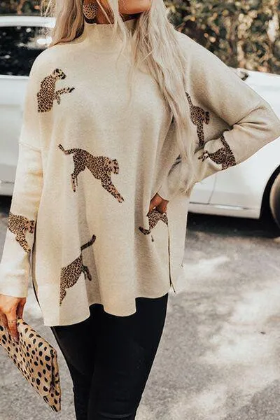 Flexible Slit Mock Neck Cheetah Print Sweater