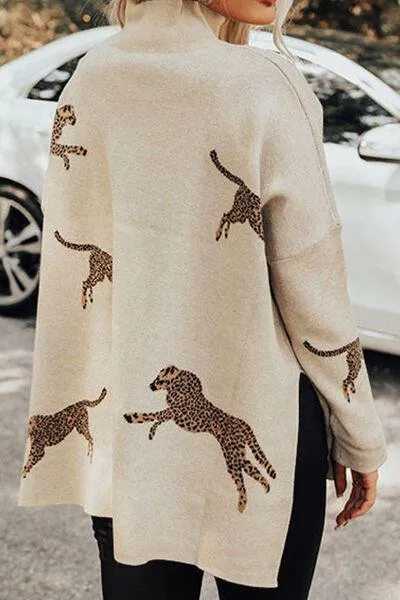 Flexible Slit Mock Neck Cheetah Print Sweater