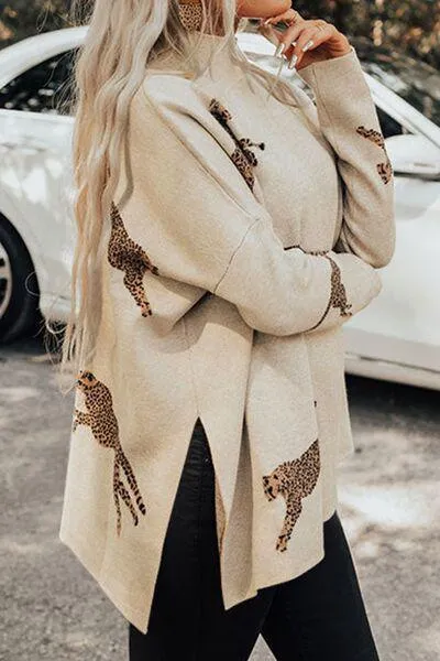 Flexible Slit Mock Neck Cheetah Print Sweater