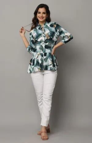 Floral Print High Neck Tie Up Top with 3/4th Sleeves