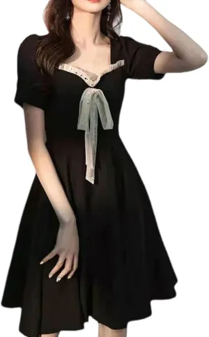 French Dress Small Fresh Black Dress Slim Black Dress Waist Dress (Color : Black, Size : Large)