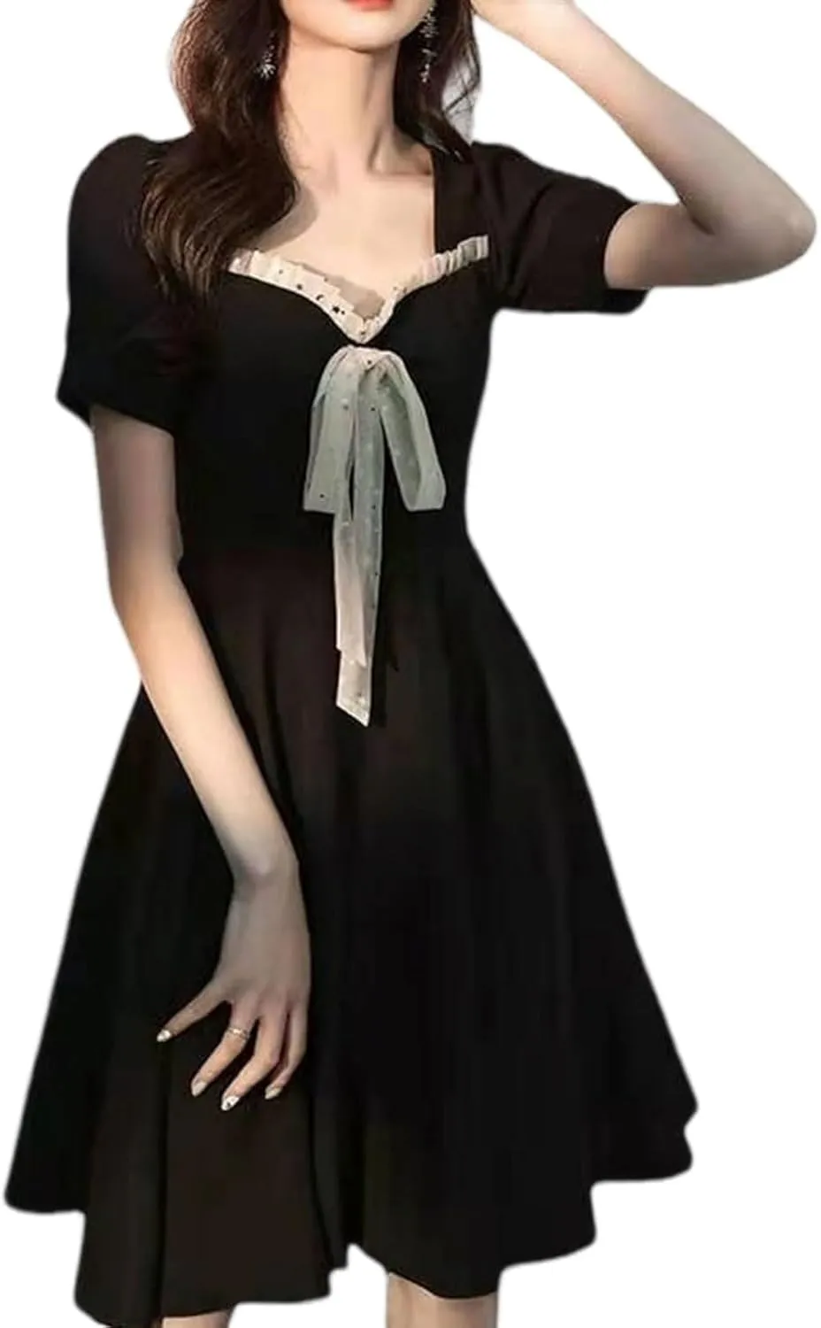 French Dress Small Fresh Black Dress Slim Black Dress Waist Dress (Color : Black, Size : Large)