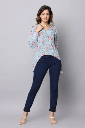 Frilled V Neck Top Full Sleeve Frilled Edged With Arch Shape Bottom Hem Decorated WIth Bead