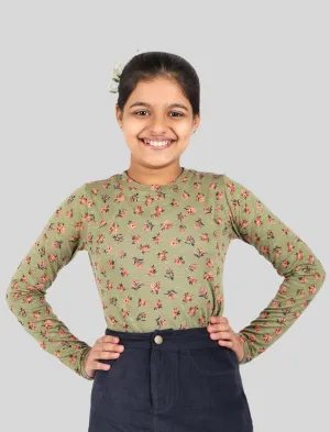 Girls Kids Floral Green Full Sleeve Top, T-Shirts