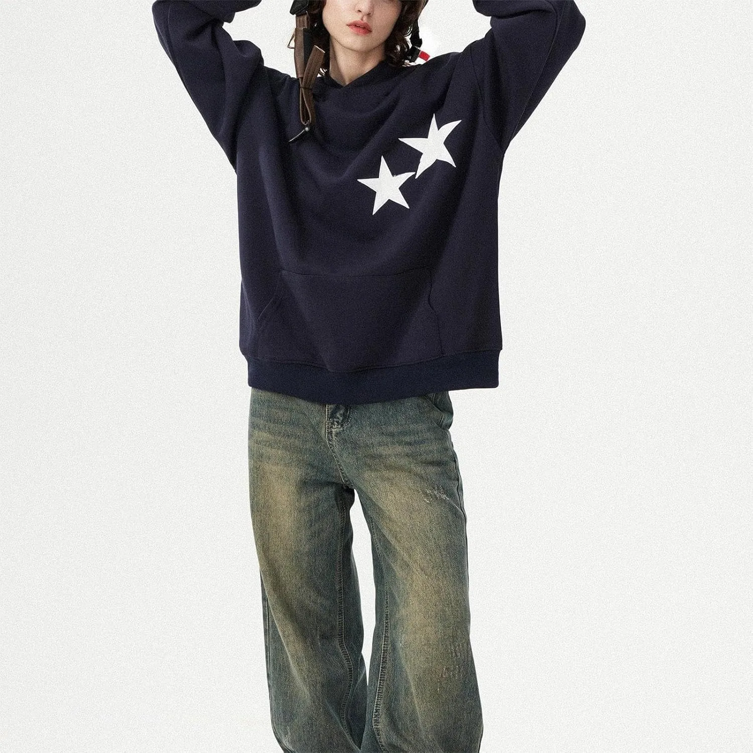 Graphic Oversized Sweatshirt Y2k Women Preppy Hoodies Long Sleeve Hooded Pullover Sweaters Aesthetic Pockets