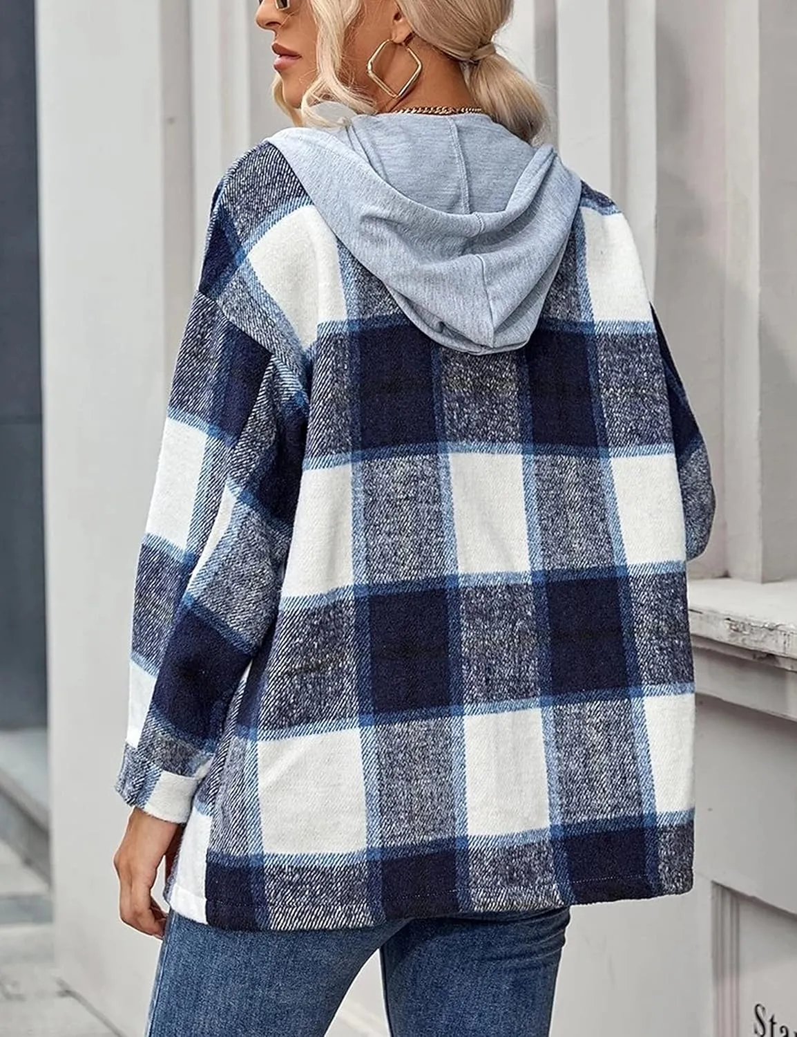 HangNiFang Womens Plaid Flannel Hoodie Shirts Long Sleeve Button Down Jacket Coats