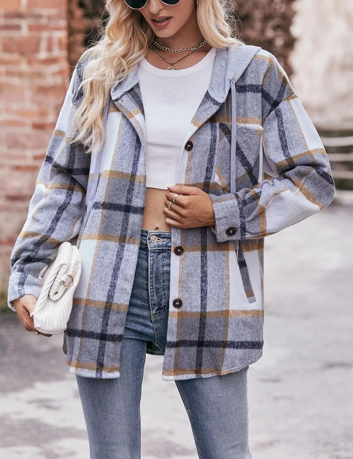 HangNiFang Womens Plaid Flannel Hoodie Shirts Long Sleeve Button Down Jacket Coats