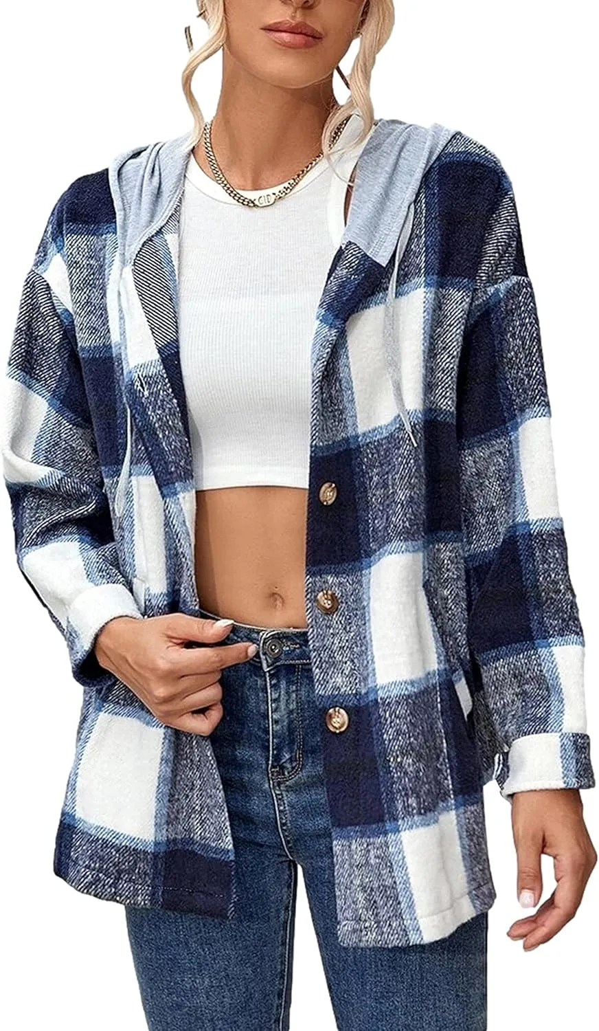 HangNiFang Womens Plaid Flannel Hoodie Shirts Long Sleeve Button Down Jacket Coats