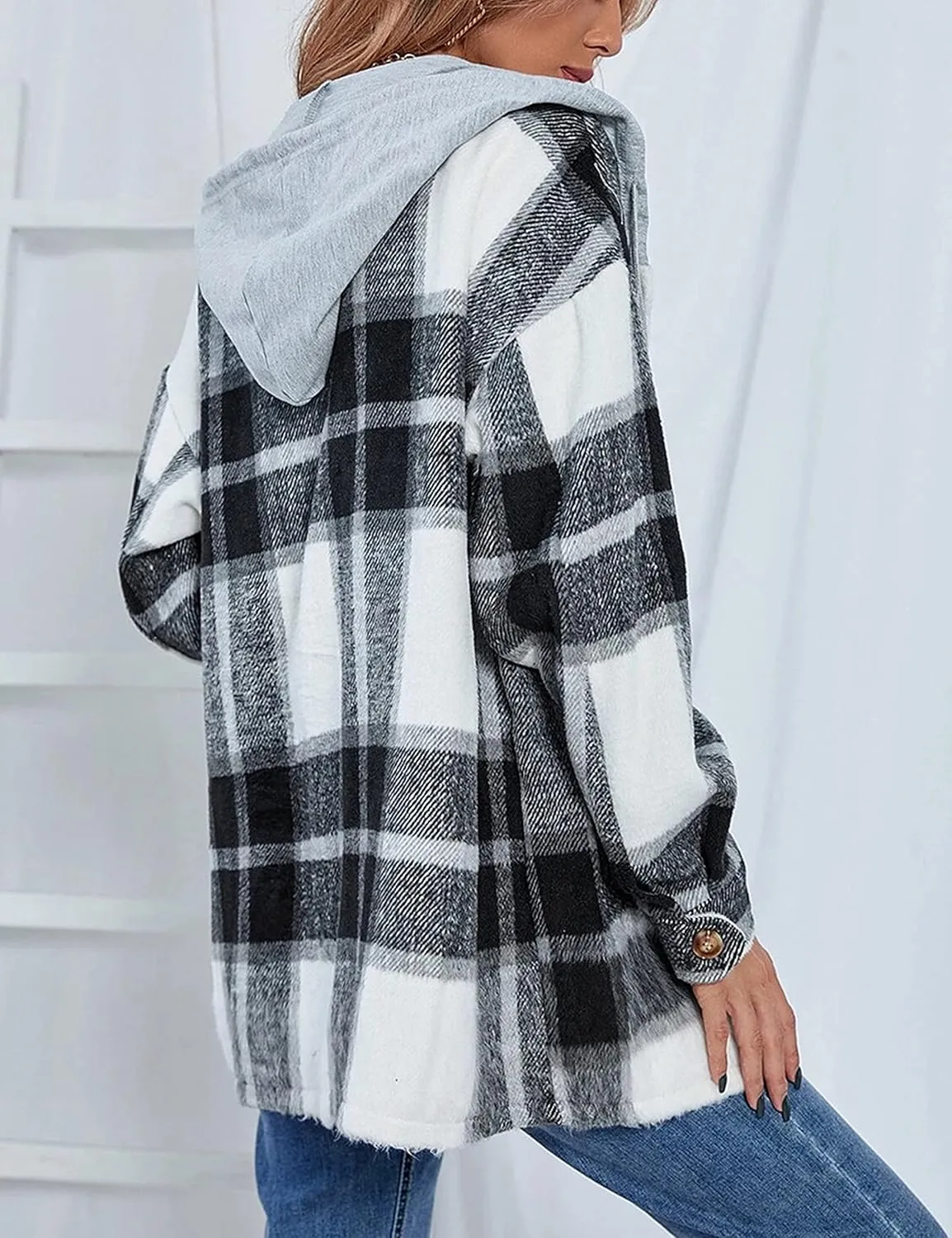 HangNiFang Womens Plaid Flannel Hoodie Shirts Long Sleeve Button Down Jacket Coats