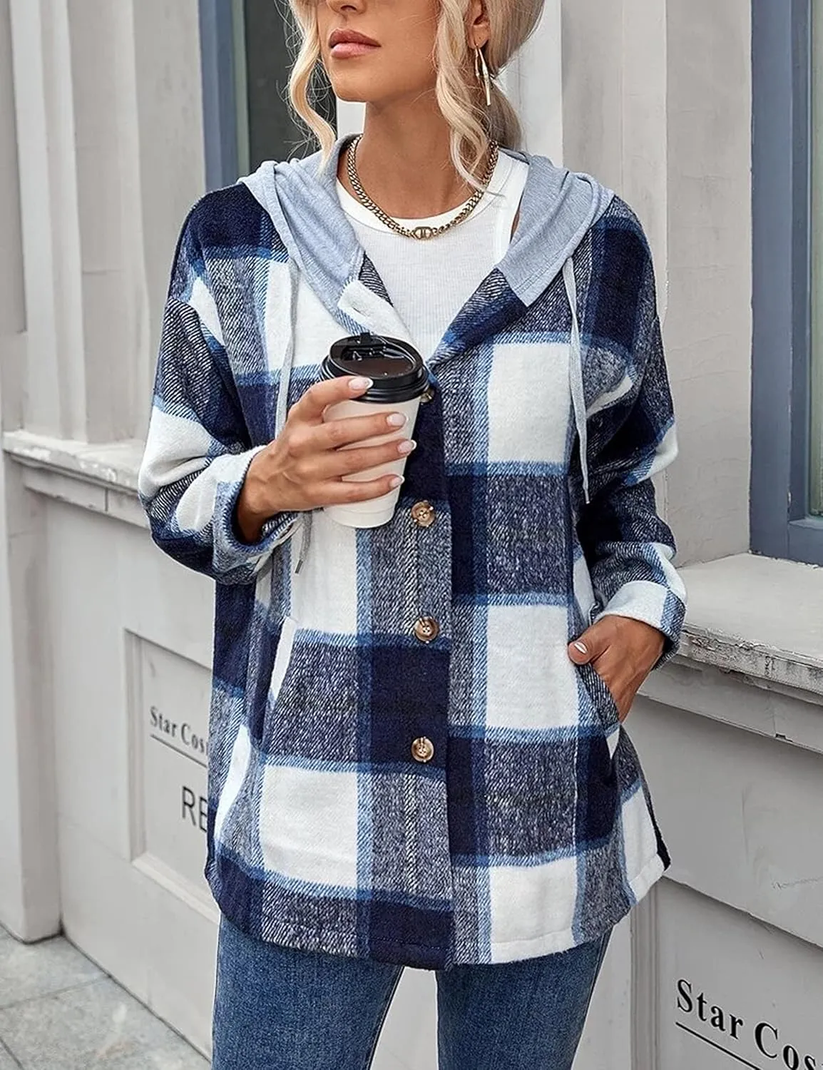 HangNiFang Womens Plaid Flannel Hoodie Shirts Long Sleeve Button Down Jacket Coats