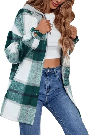 HangNiFang Womens Plaid Flannel Hoodie Shirts Long Sleeve Button Down Jacket Coats