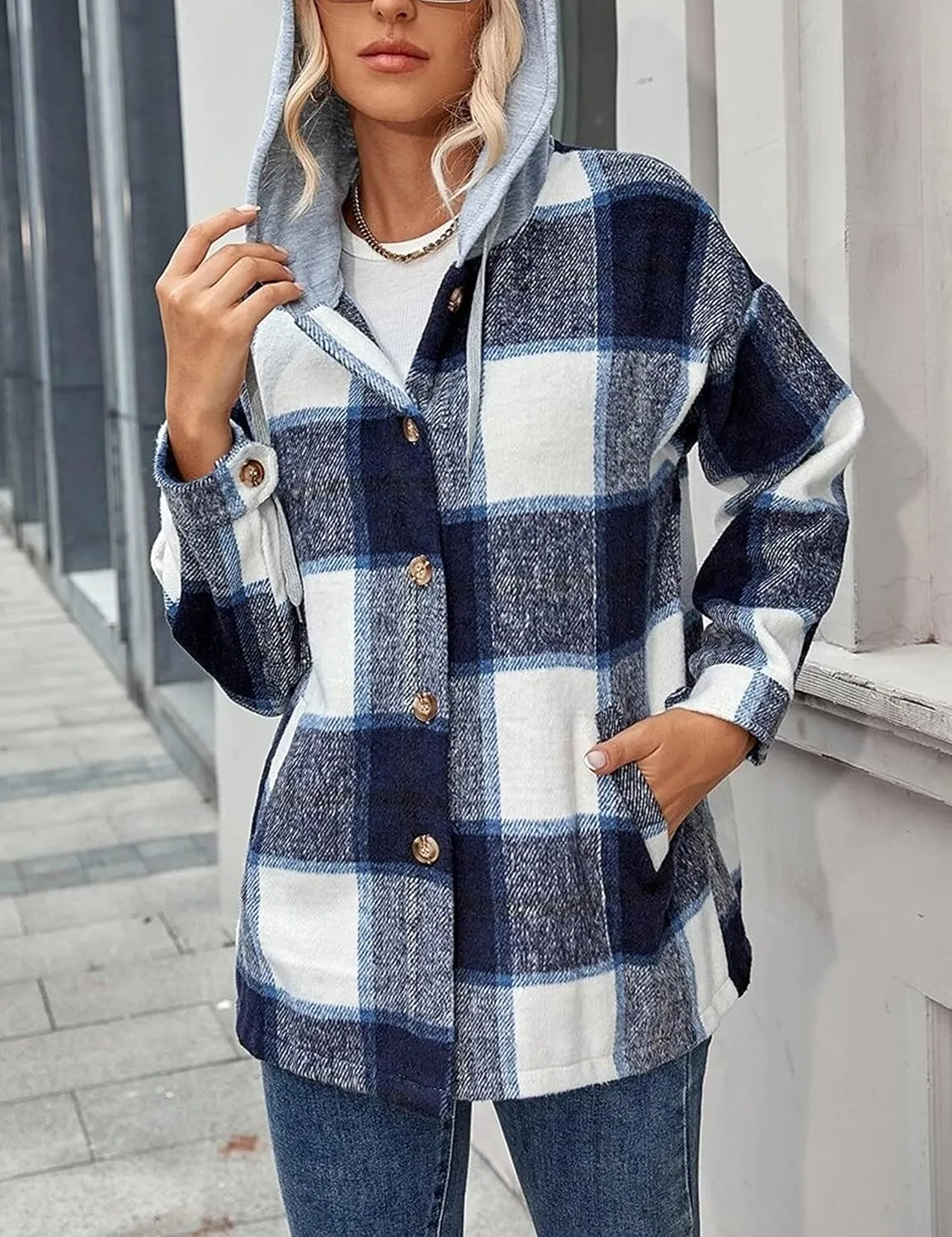 HangNiFang Womens Plaid Flannel Hoodie Shirts Long Sleeve Button Down Jacket Coats