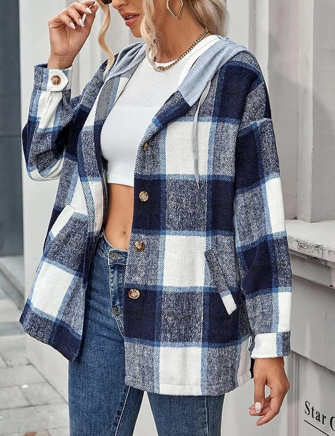 HangNiFang Womens Plaid Flannel Hoodie Shirts Long Sleeve Button Down Jacket Coats
