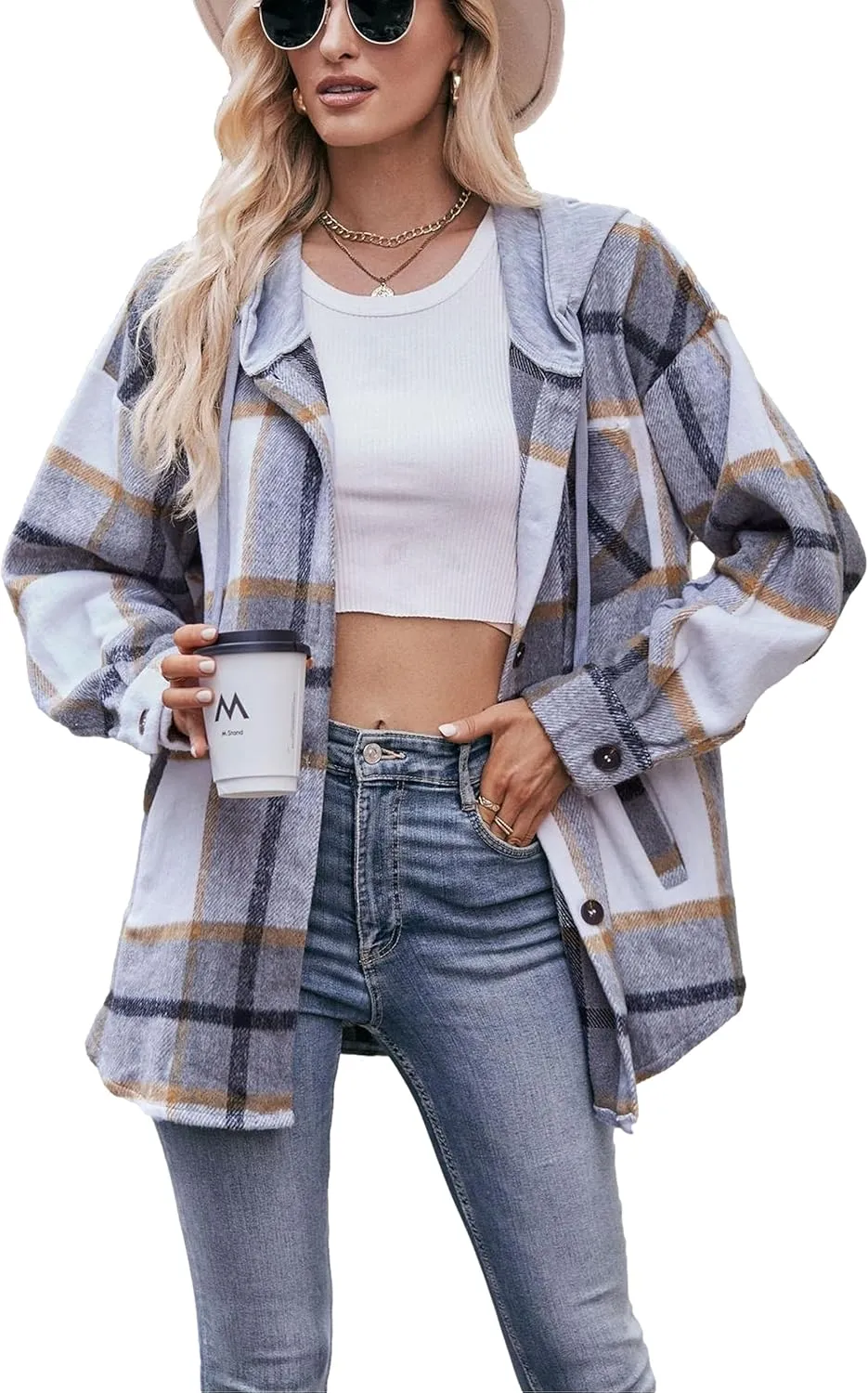 HangNiFang Womens Plaid Flannel Hoodie Shirts Long Sleeve Button Down Jacket Coats