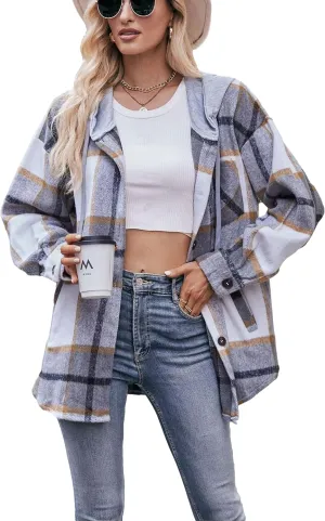 HangNiFang Womens Plaid Flannel Hoodie Shirts Long Sleeve Button Down Jacket Coats