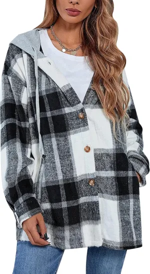 HangNiFang Womens Plaid Flannel Hoodie Shirts Long Sleeve Button Down Jacket Coats