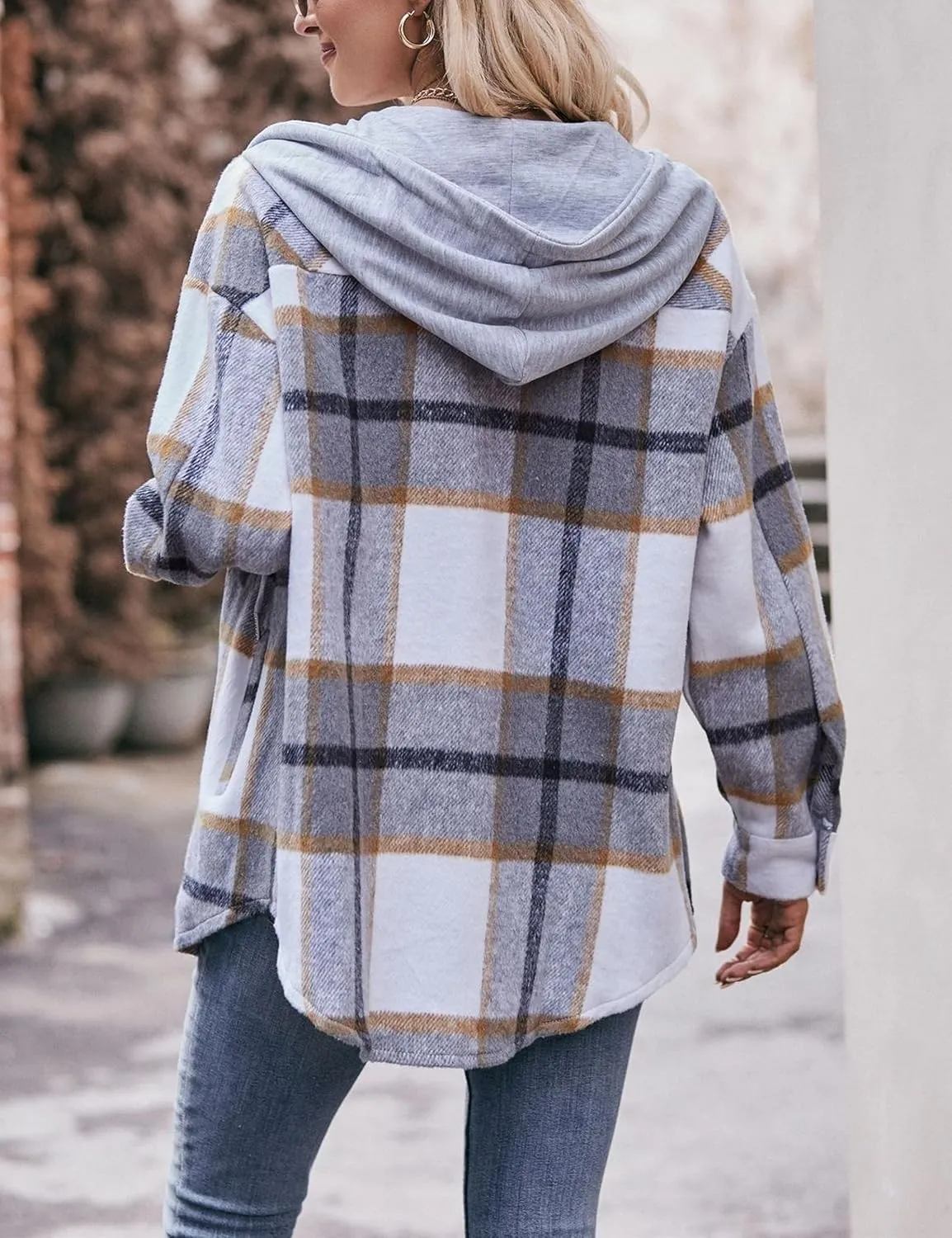 HangNiFang Womens Plaid Flannel Hoodie Shirts Long Sleeve Button Down Jacket Coats