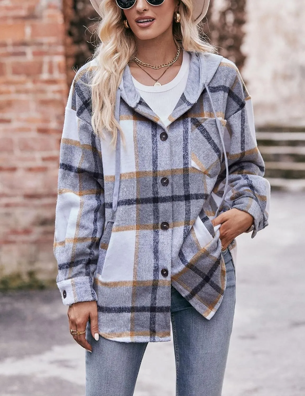 HangNiFang Womens Plaid Flannel Hoodie Shirts Long Sleeve Button Down Jacket Coats