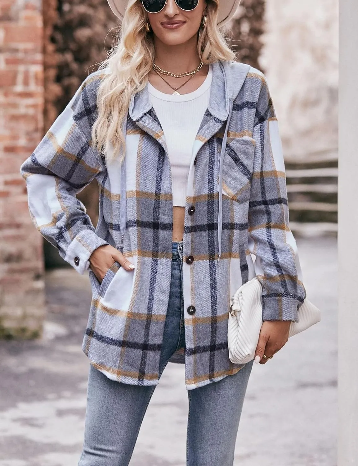 HangNiFang Womens Plaid Flannel Hoodie Shirts Long Sleeve Button Down Jacket Coats