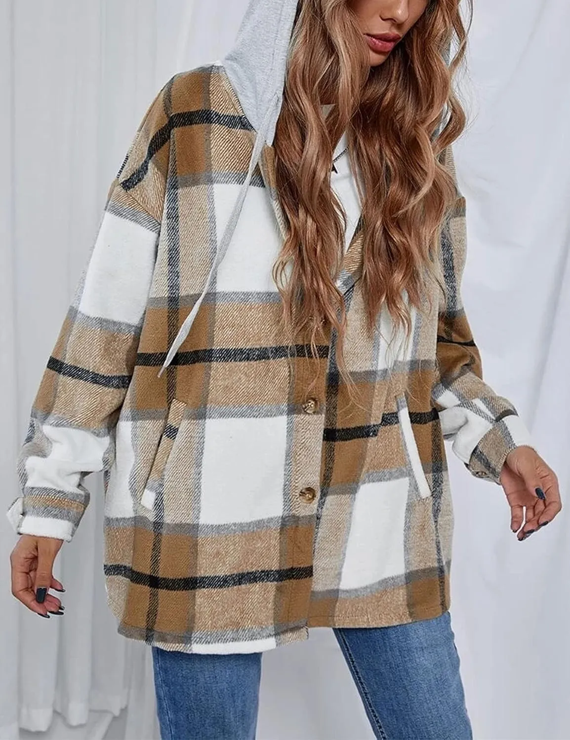 HangNiFang Womens Plaid Flannel Hoodie Shirts Long Sleeve Button Down Jacket Coats