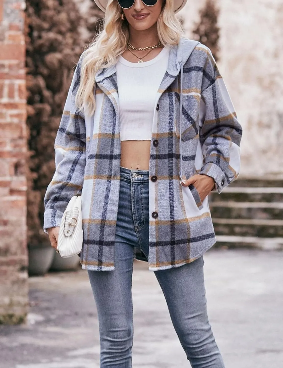 HangNiFang Womens Plaid Flannel Hoodie Shirts Long Sleeve Button Down Jacket Coats