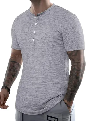 Henley Shirts for Men Slim Fit Short Sleeve Casual Button Down Cotton T-Shirts Summer Basic Tees Light Gray Medium