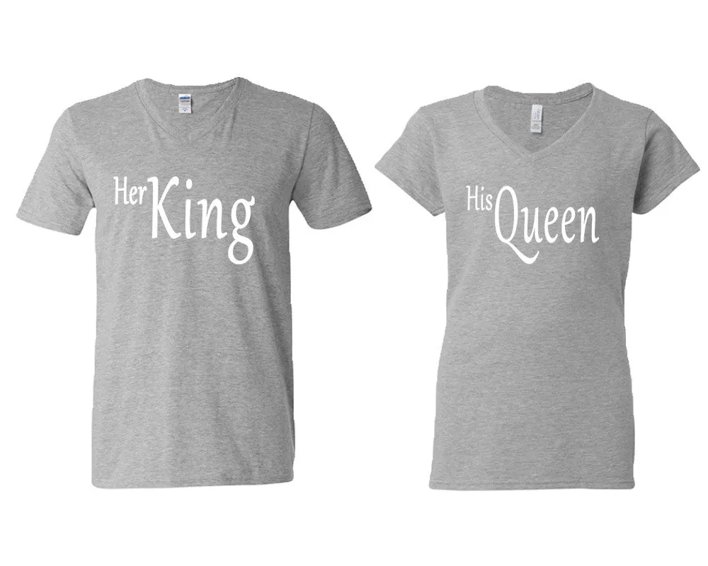 Her King & His Queen V-Neck T-Shirts – Couple Matching Styles Sold Separately | Available in Multiple Sizes & Colors