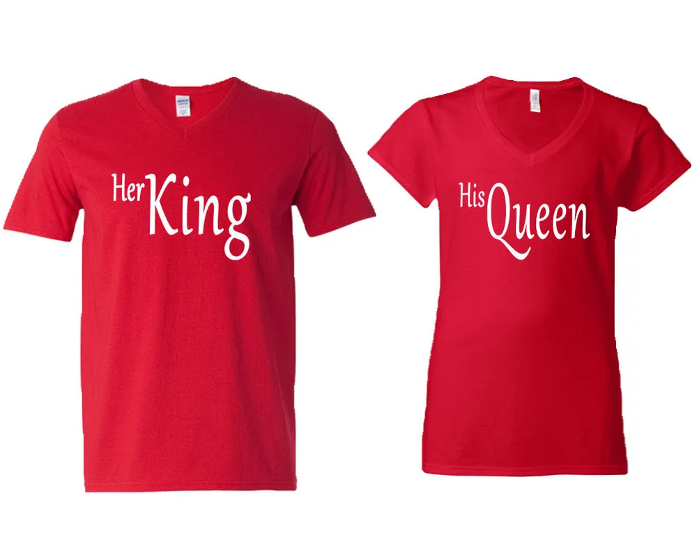 Her King & His Queen V-Neck T-Shirts – Couple Matching Styles Sold Separately | Available in Multiple Sizes & Colors