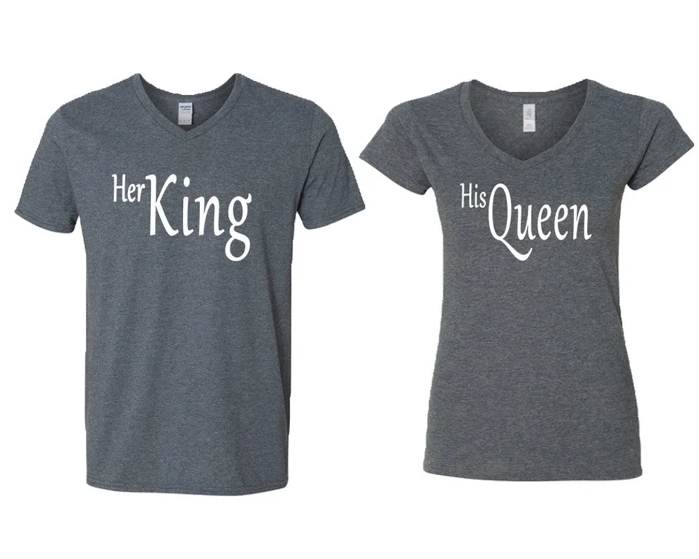 Her King & His Queen V-Neck T-Shirts – Couple Matching Styles Sold Separately | Available in Multiple Sizes & Colors