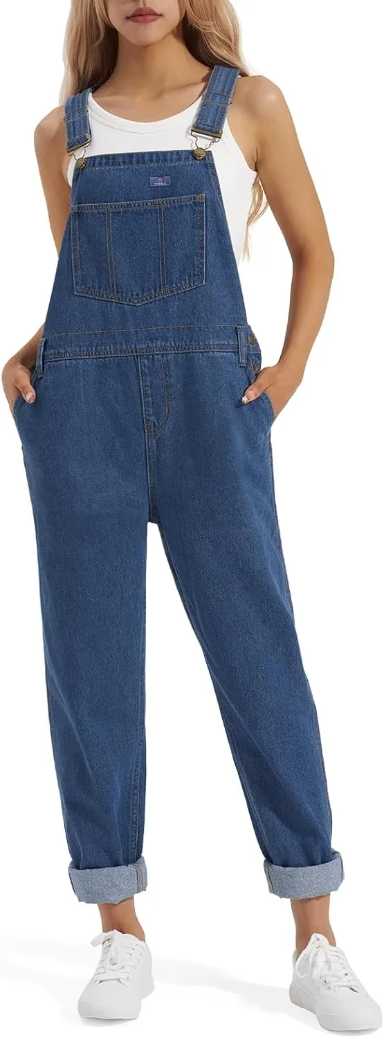 HISEA Womens Denim Bib Overalls, Women's Relaxed Fit Casual Jean Overall Workwear with Adjustable Straps and Pockets