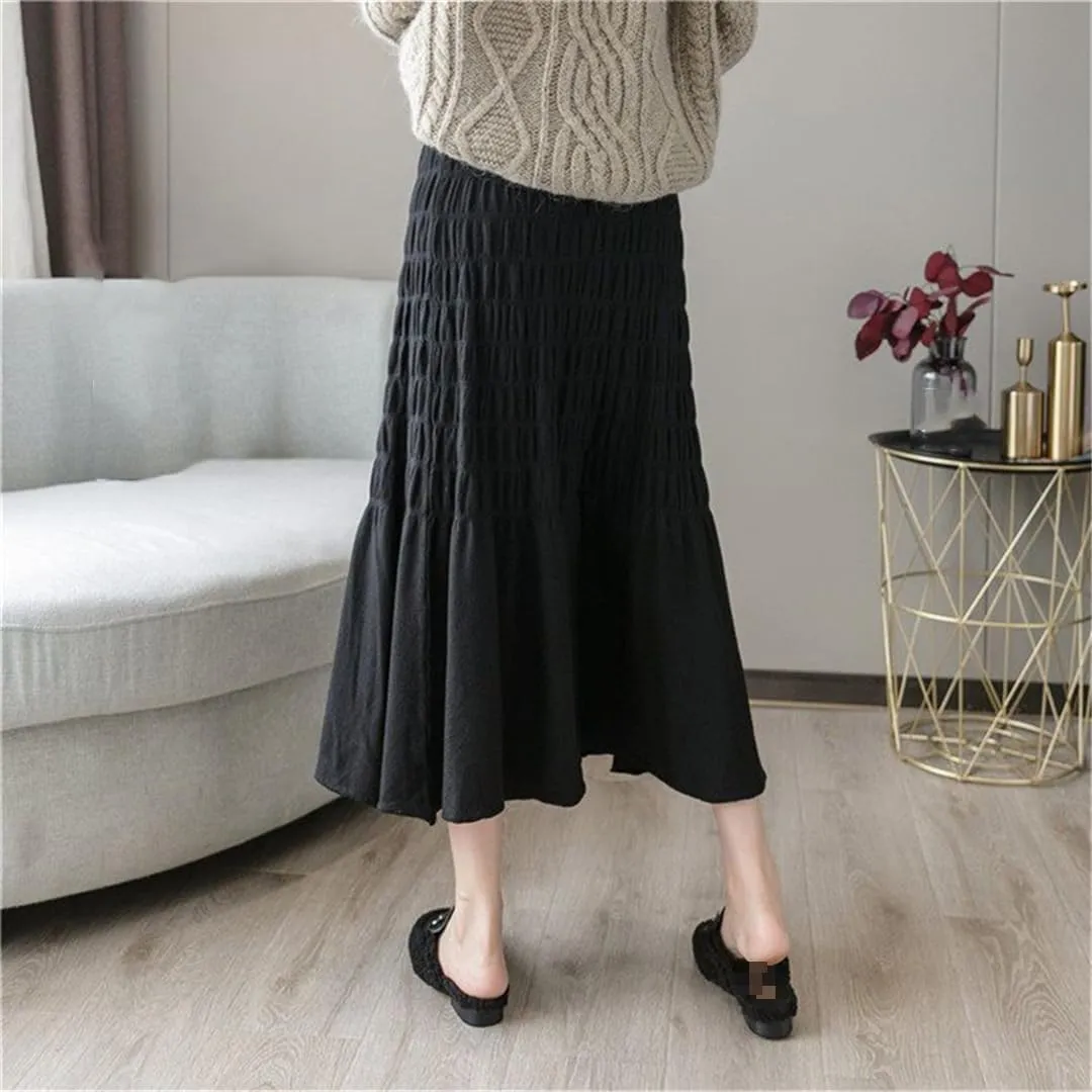Hndudnff Women Solid Knit Pleated Skirt Office Thickening Warm Long Skirt A-Line Swing Midi Skirt