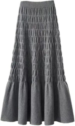 Hndudnff Women Solid Knit Pleated Skirt Office Thickening Warm Long Skirt A-Line Swing Midi Skirt