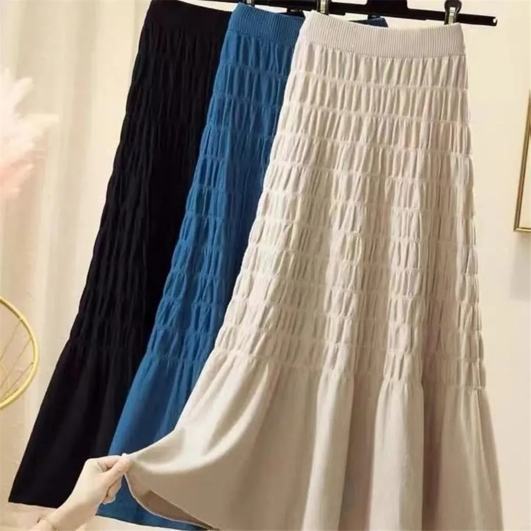 Hndudnff Women Solid Knit Pleated Skirt Office Thickening Warm Long Skirt A-Line Swing Midi Skirt