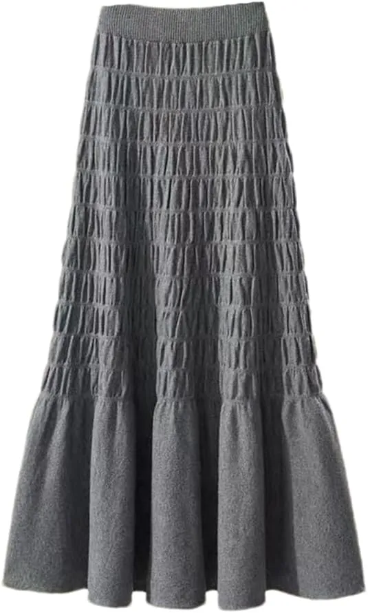 Hndudnff Women Solid Knit Pleated Skirt Office Thickening Warm Long Skirt A-Line Swing Midi Skirt