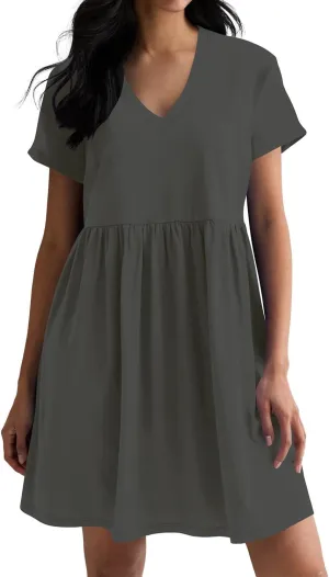 Hocuos Women's Short Sleeve Casual V Neck Mini Dress A Line Loose Pleated Flowy Shift Dresses 2025