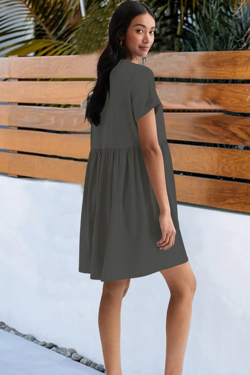 Hocuos Women's Short Sleeve Casual V Neck Mini Dress A Line Loose Pleated Flowy Shift Dresses 2025
