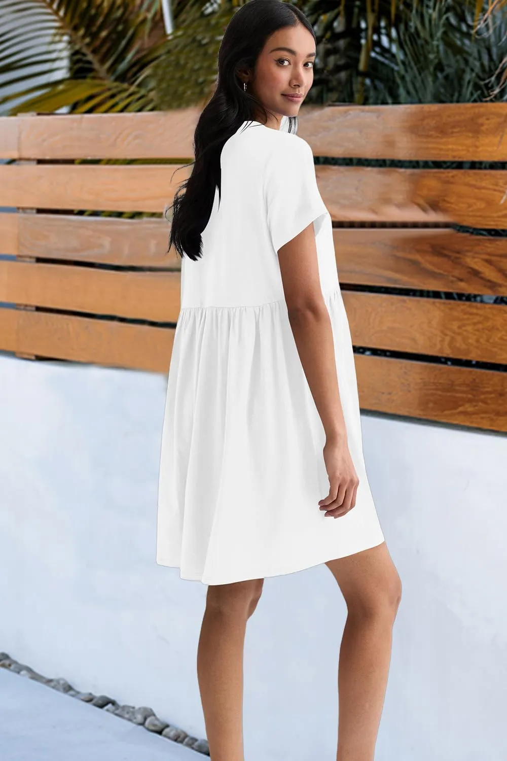 Hocuos Women's Short Sleeve Casual V Neck Mini Dress A Line Loose Pleated Flowy Shift Dresses 2025