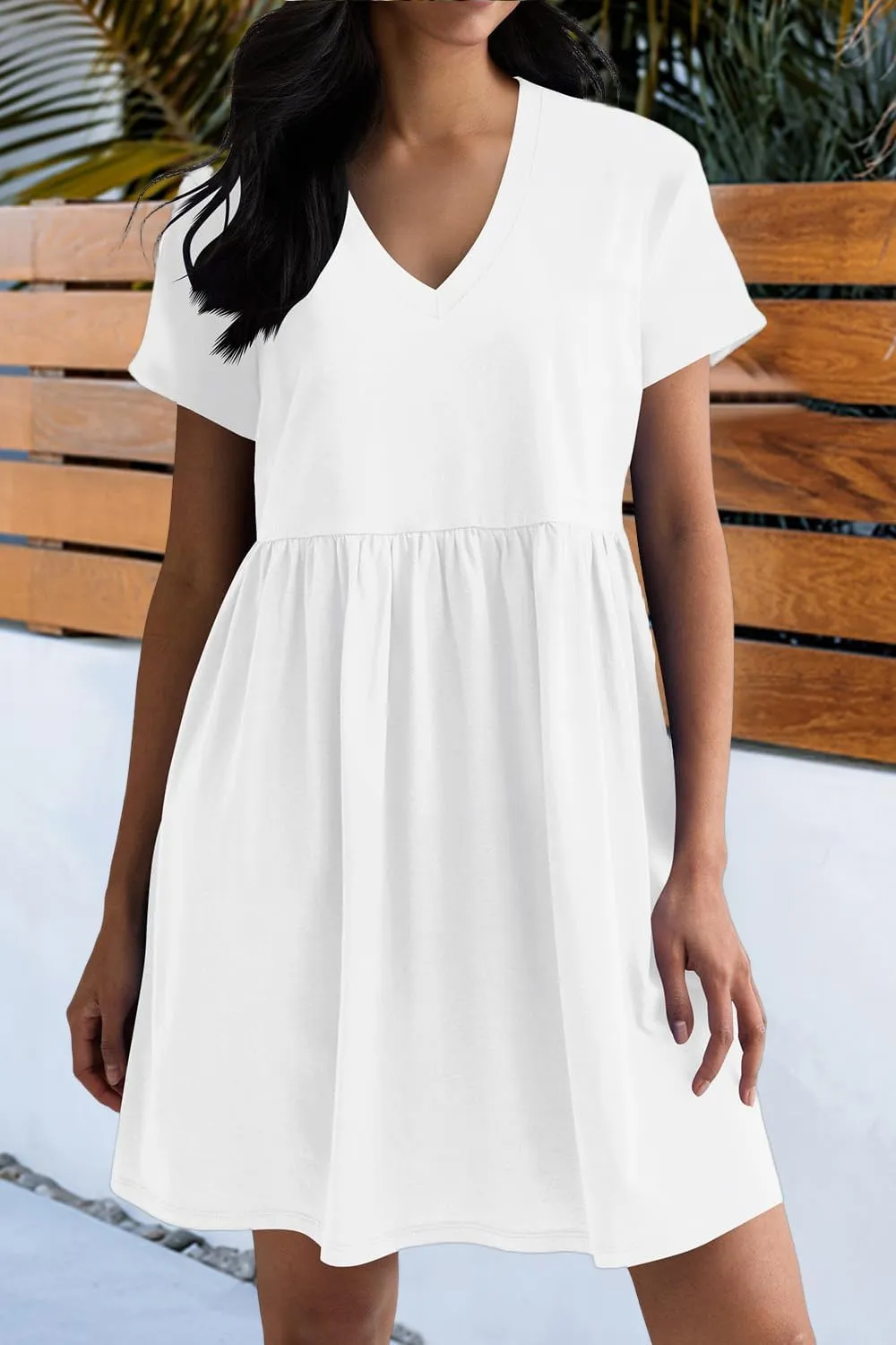 Hocuos Women's Short Sleeve Casual V Neck Mini Dress A Line Loose Pleated Flowy Shift Dresses 2025
