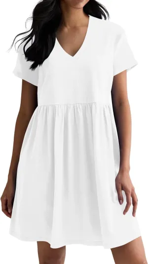 Hocuos Women's Short Sleeve Casual V Neck Mini Dress A Line Loose Pleated Flowy Shift Dresses 2025