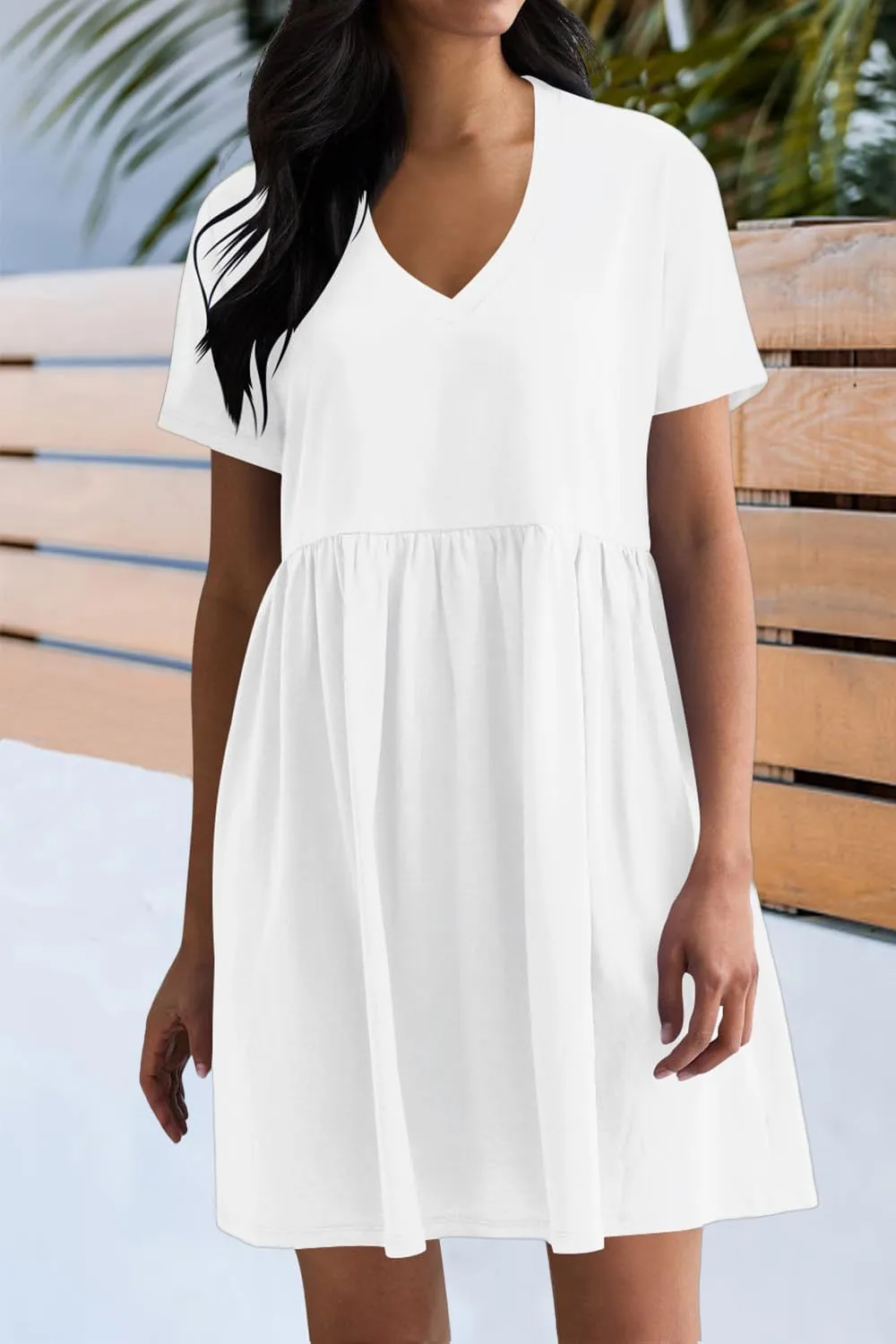 Hocuos Women's Short Sleeve Casual V Neck Mini Dress A Line Loose Pleated Flowy Shift Dresses 2025
