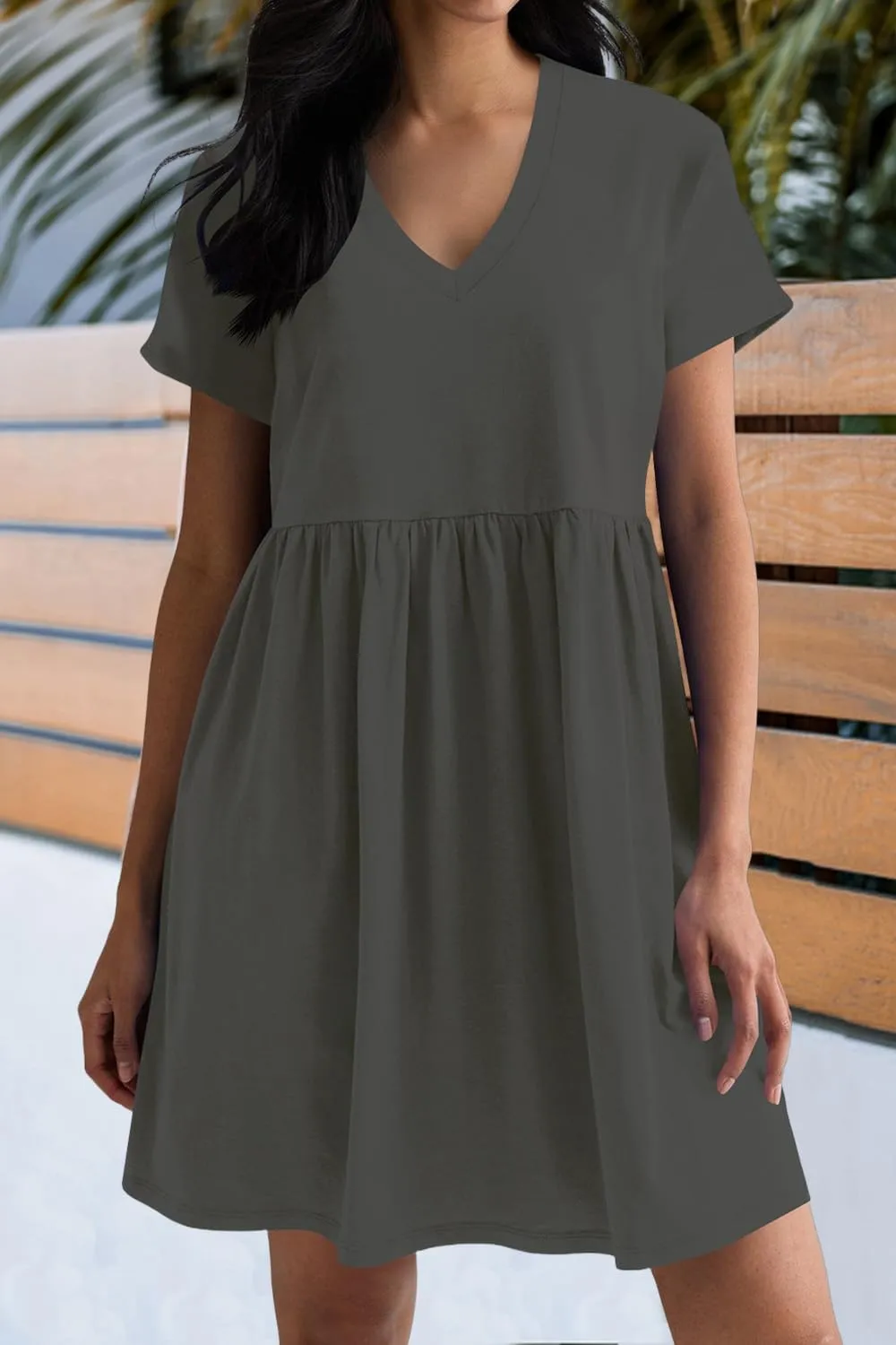 Hocuos Women's Short Sleeve Casual V Neck Mini Dress A Line Loose Pleated Flowy Shift Dresses 2025