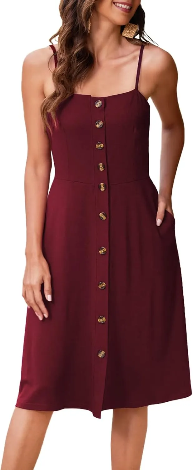 Hount Womens Summer Casual Dresses Spaghetti Strap Button Down Boho Beach Midi Sundress with Pockets