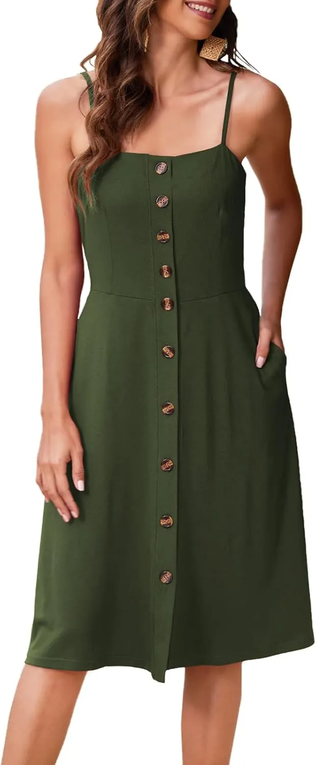 Hount Womens Summer Casual Dresses Spaghetti Strap Button Down Boho Beach Midi Sundress with Pockets